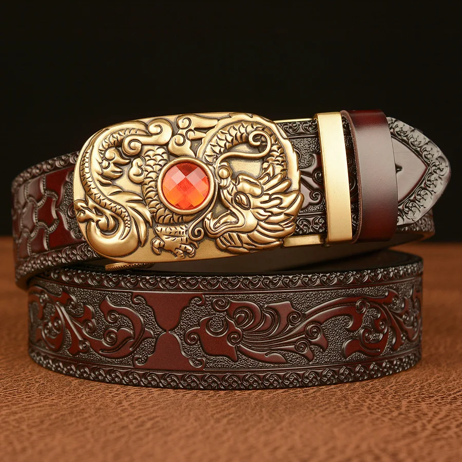 

Ethnic Style Tang Grass Pattern Carved Men's Belt, Cowhide Personalized Dragon Bead Automatic Buckle Belt, Pant Belt