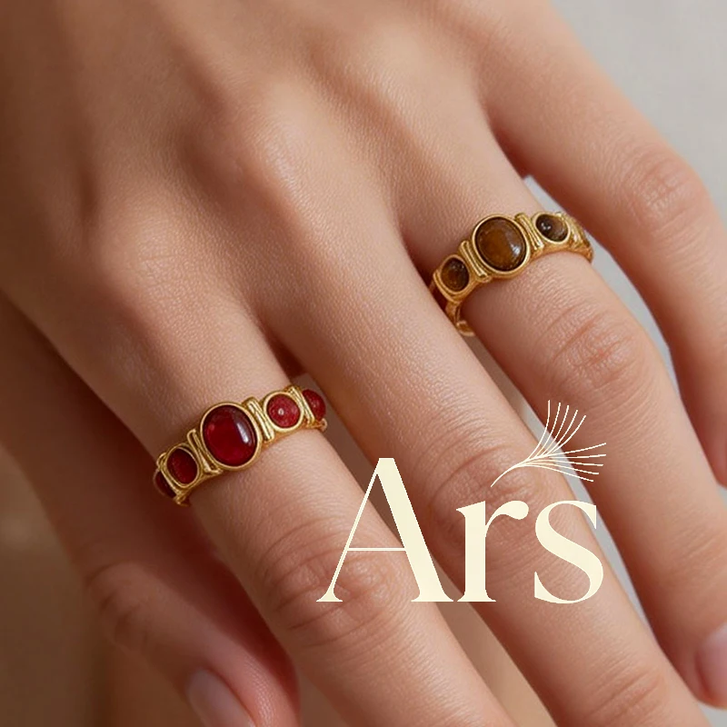 Ars Vintage Tiger Eye Stone Ring 18k Gold Plated Stainless Steel Finger Rings for Women Statement Daily Wear Ring Gift for Her
