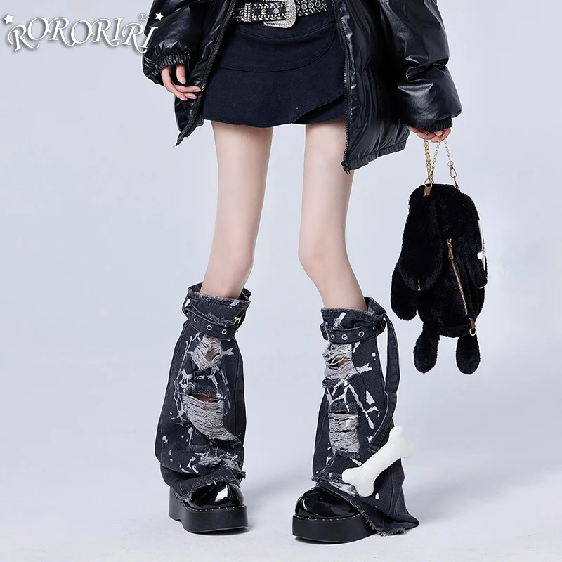 

RORORIRI Ripped Hole Denim Leg Warmers Women Vintage Wash Raw Edge Knee Long Socks Glitter Belted Boots Cover Gothic Y2k Clothes