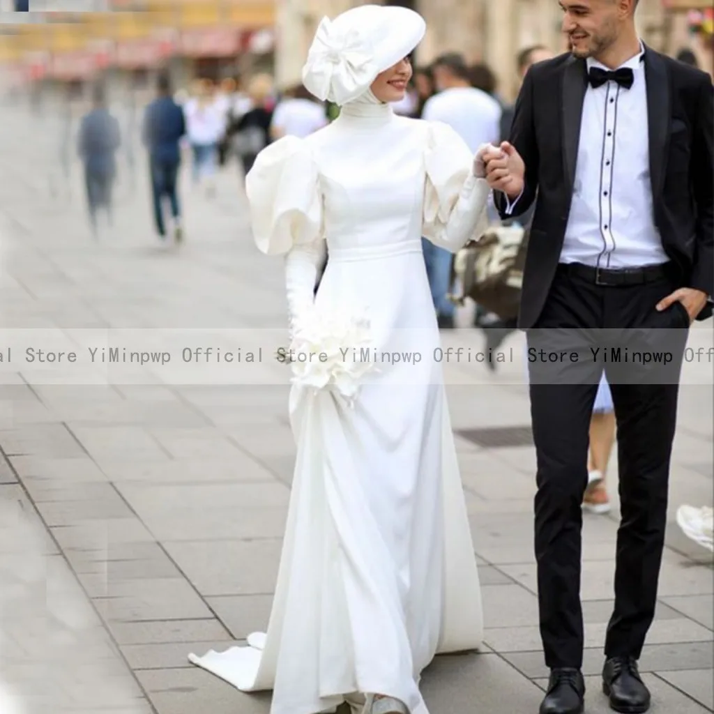 Vintage Muslim Wedding Dresses for Bride High Neck Gigot Sleeve Sweep Train Simple Bridal Gown Customized vestidos de novia