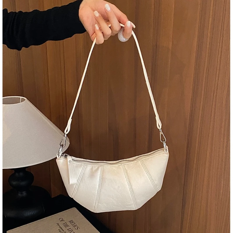 Soft PU Semicircle Shoulder Bags Women Stitching Design Crescent Crossbody Bag Adjustable Strap Casual Daily Ladies Side Bag