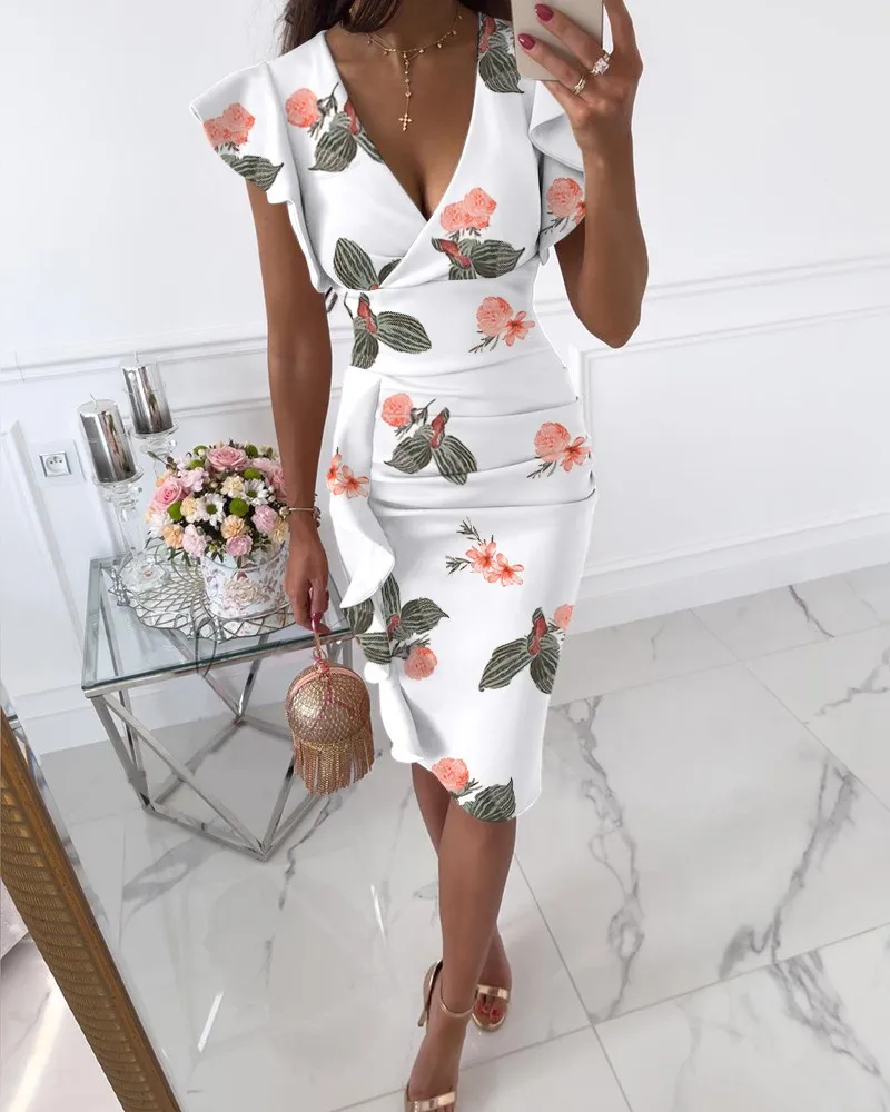 Ruffled Floral Print Women's Dress Clothing V-Neck Butterfly Sleeve Party Mid-Length Dress Long Robe Women