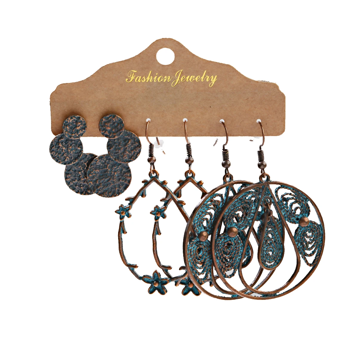 Vintage Bohemian Style Ethnic Earrings Antique Bronze Geometric Pattern Engraved Earrings 3-Piece Set 2020 Jewelry Gift