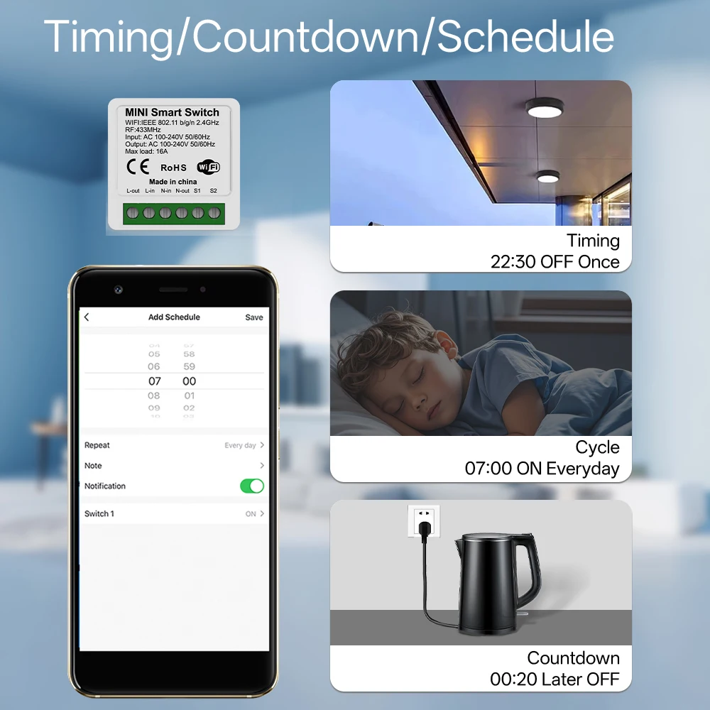 16A WiFi Smart Mini Switch No Wiring RF433 Remote, Timer Schedule 2 Way Control, Alexa Google Tuya APP for Smart Home Automation image 6