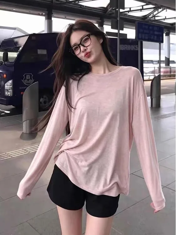 Korean Style Sweet Casual Long Sleeve T-Shirt Women's Loose Comfortable Skin-friendly Anti-aging round Neck Top