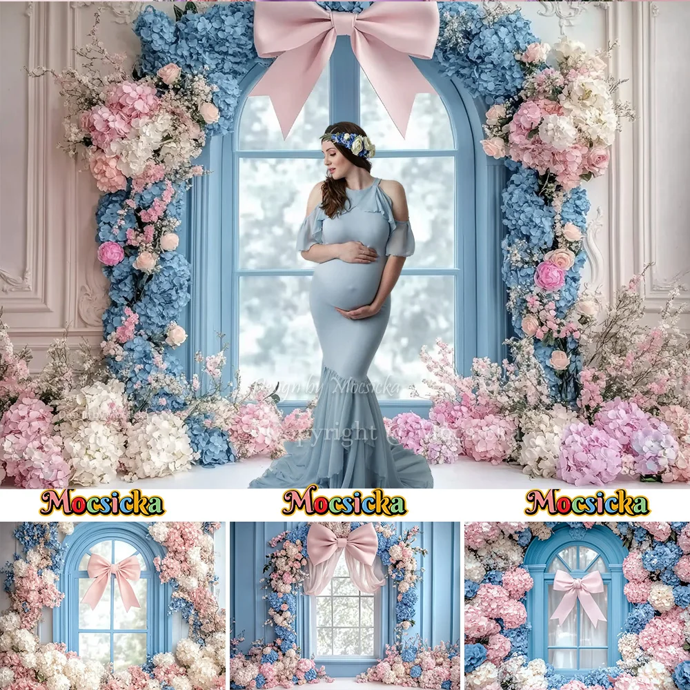 

Mocsicka Baby Show Photography Background Classic Blue Window Pink Bow Birthday Wedding Backdrop Maternity Art Photo Studio