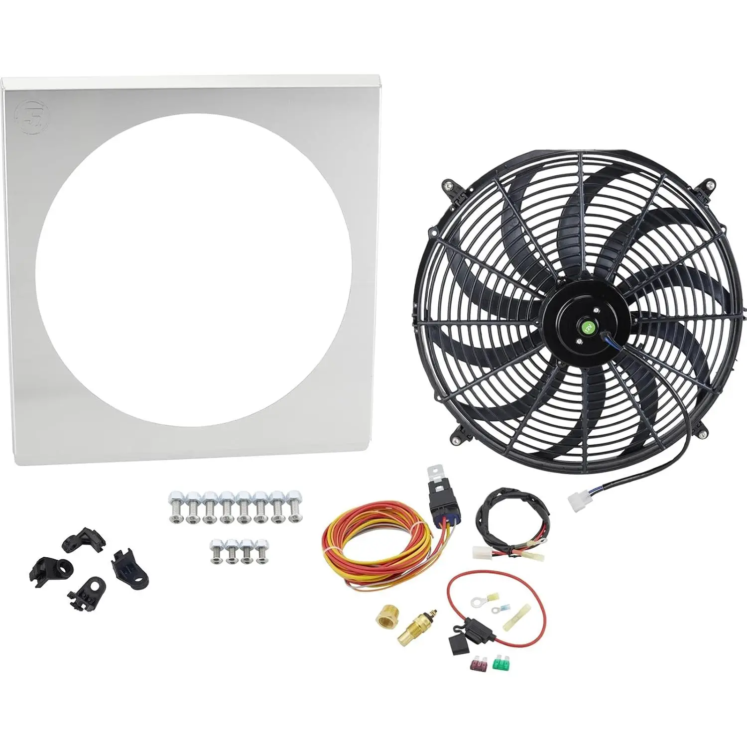 

Комплект кожухов с проводкой: 22-дюймовый алюминиевый кожух, 16-дюймовый вентилятор с изогнутыми лопастями, подходит для радиаторов высотой 19 дюймов