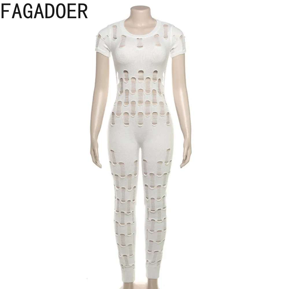 FAGADOER-Macacão bodycon oco sem costas feminino, monocromático sexy, gola redonda, manga longa, macacões finos, buraco geral, moda