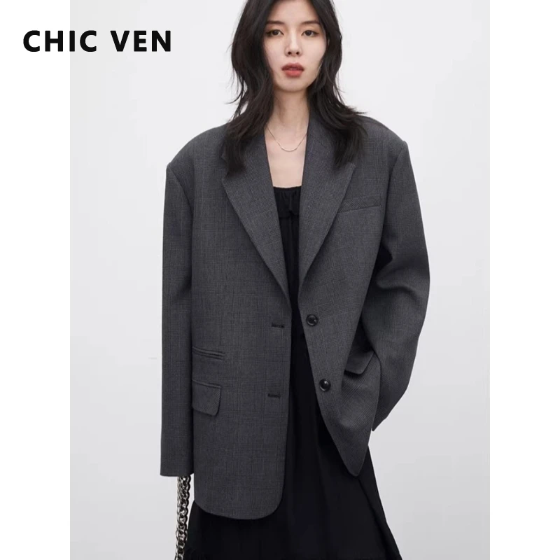 

Модный женский блейзер CHIC VEN: свободный повседневный ретро-жакет в клетку, однобортный, средней длины, оверсайз, весна-осень 2026