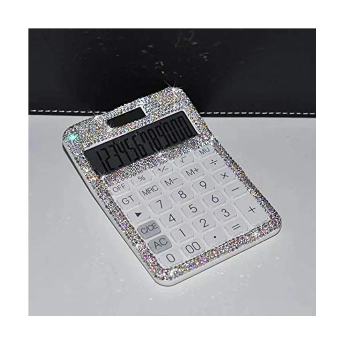 Rhinestone Crystal Dazzling 12 Digit Solar and Battery Dual Power ,LCD Display Calculator for Office, School White