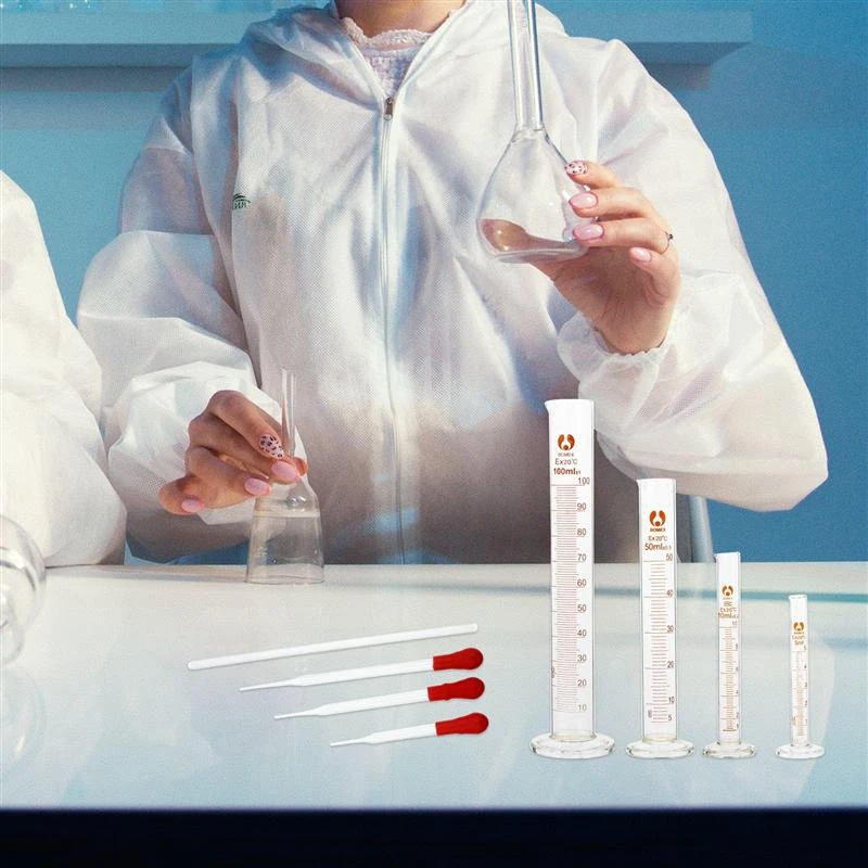 4 Measuring Cylinder-5Ml 10Ml 50Ml 100Ml Premium Glass - Contains 2 Cleaning Brushes 3 Glass Pipettes 1Pc Glass Rod