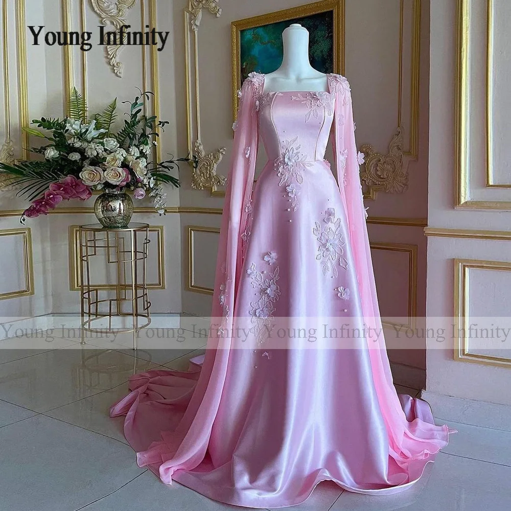 Elegant Woman A-Line Prom Dress 2024 Square Long Cape Sleeves Sweep Train Pink Elegant Evening Party Gown Holiday Wear Customize