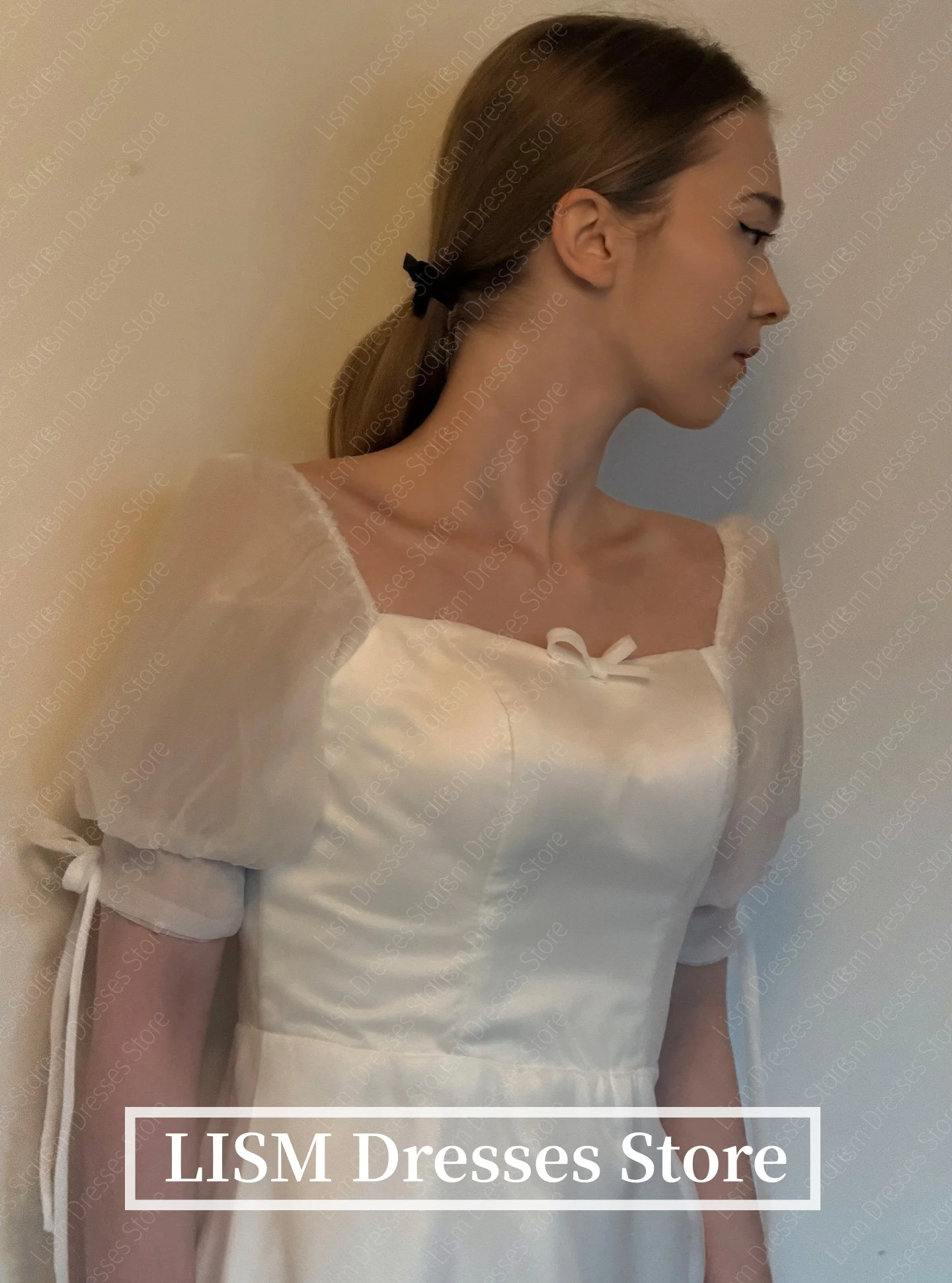 LISM Square Collar A-Line Korea Wedding Dresses Silk Satin Short Sleeves Customized Photo Shoot Sweet Bridal Gowns 웨딩드레스