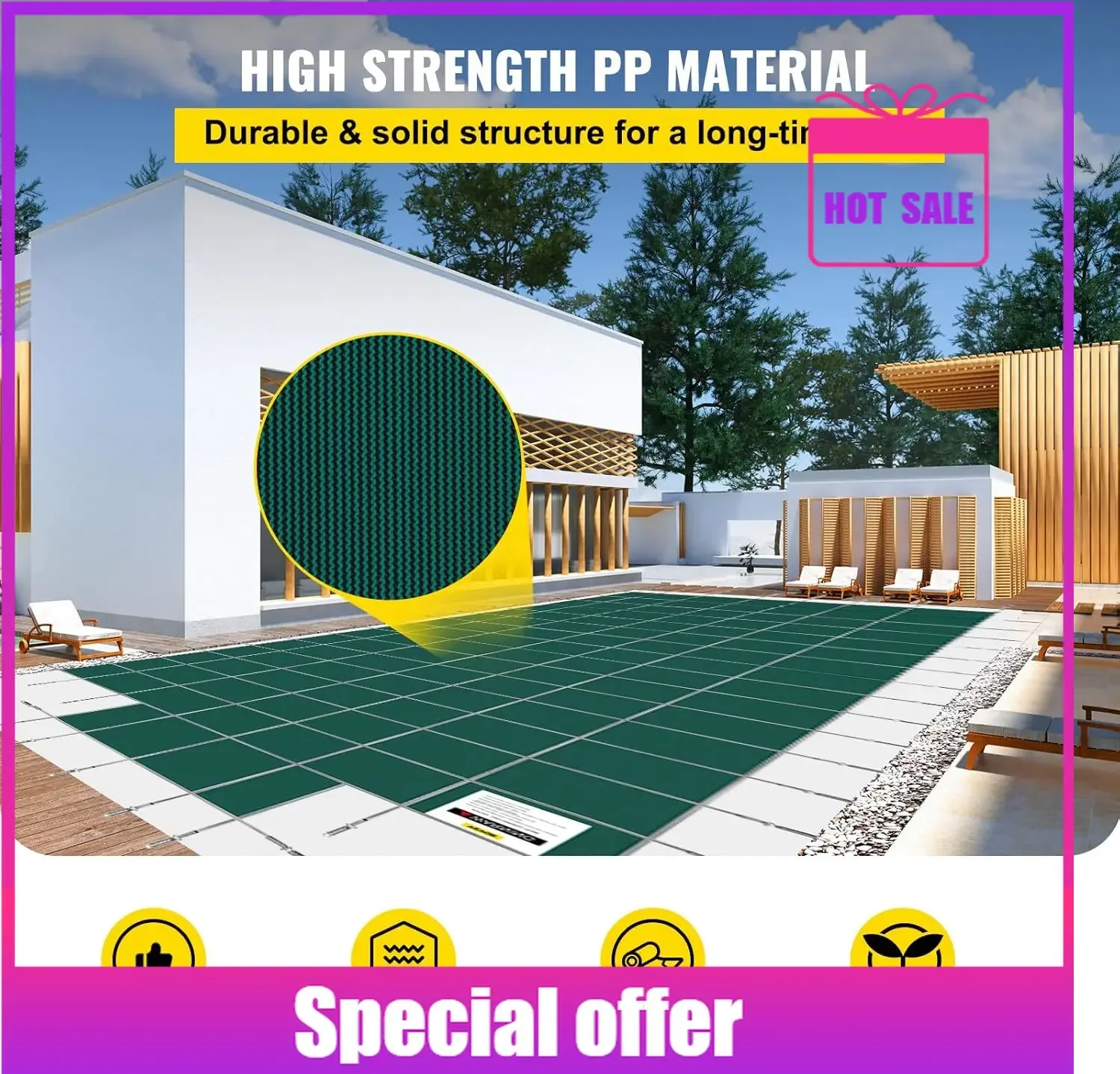 Cubierta de seguridad para piscina creciente favorita, rectangular de 18' x 36' con paso central de 4x8 pies, cubiertas de seguridad para piscina, malla verde