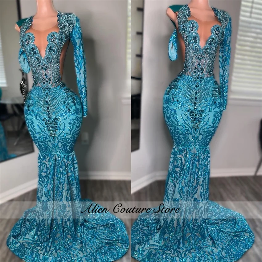 Abito da ballo a sirena blu acqua scintillante Abito da ragazza nero con gemme Perline Abito da festa di compleanno Abiti da festa di nozze da sera personalizzati