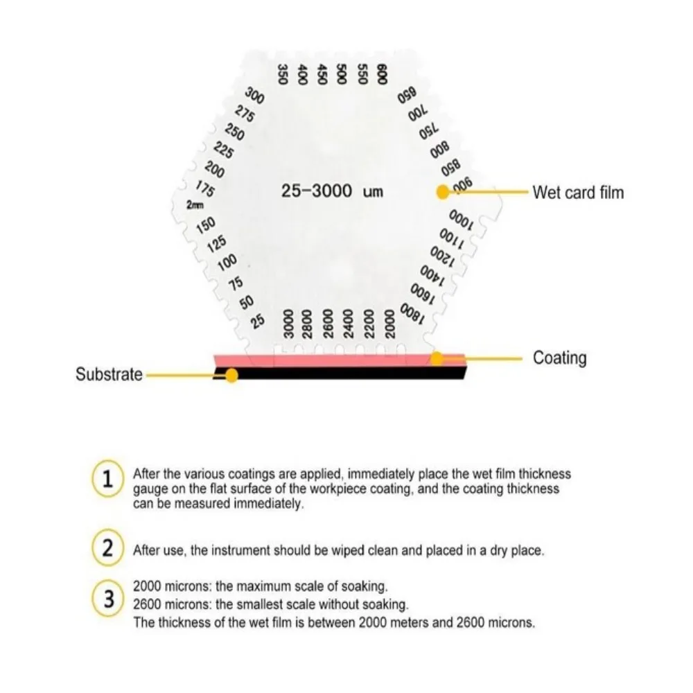 Aço inoxidável Paint Coating Hexagon Wet Film Comb, Anticorrosion, Wet Diafragma Espessura Gauge, não é fácil de ferrugem, prata