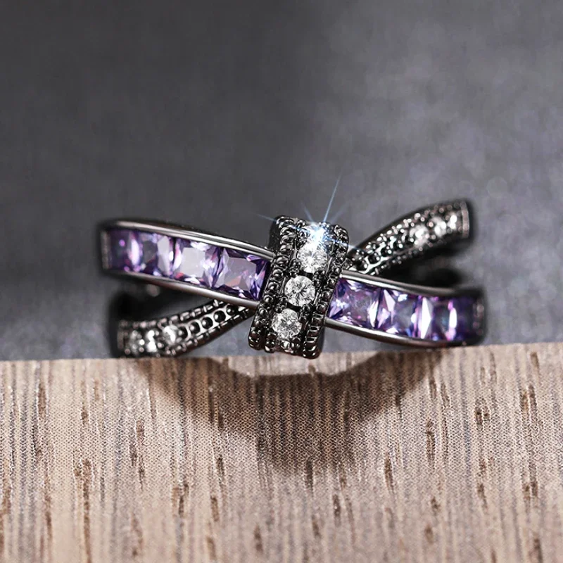 Huitan Special-interested Black Plated Purple CZ Rings for Women Vintage Female Accessories Daily Wear Party Personality Jewelry