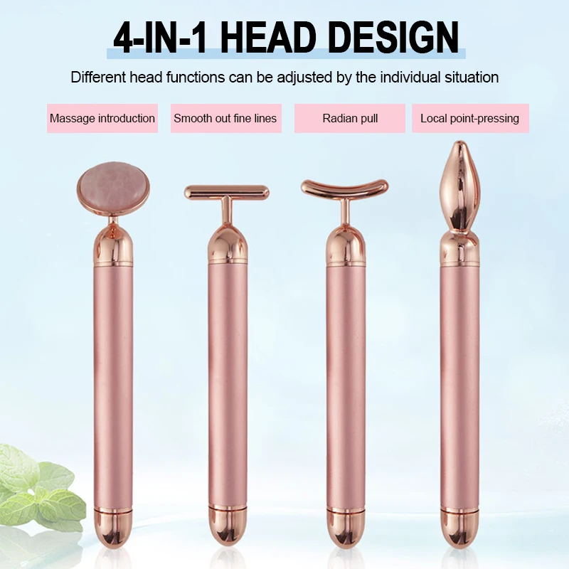 24k ouro 4-in-head massageador facial elétrico vibratório quartzo rosa 3d massageador rolo face lifting corpo facial gua sha jade rolo