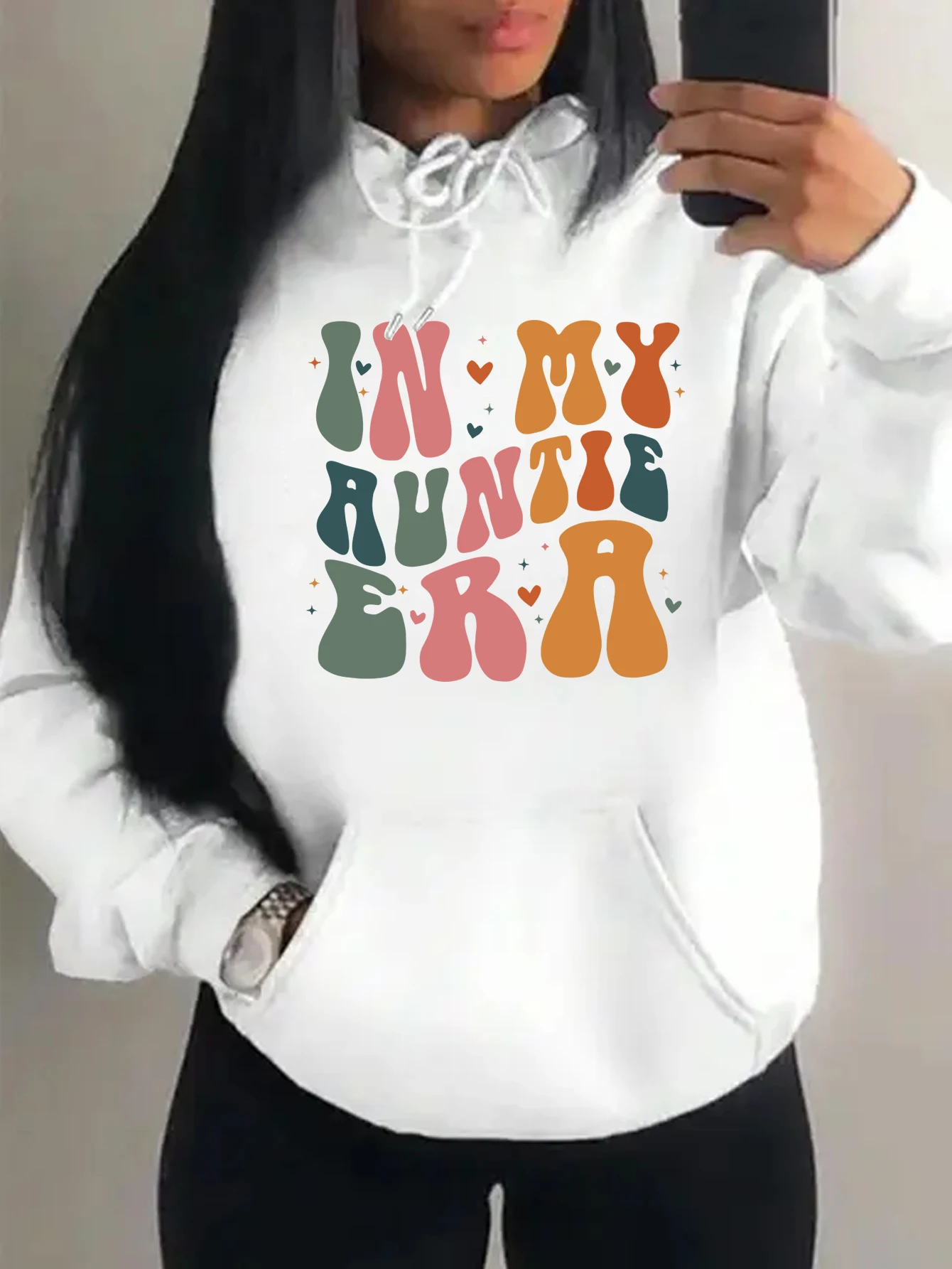 In My Auntie Era Colorful Word Pattern Women Clothes Fashion Pocket Hoodie Autumn Unisex Clothing Casual Loose Female Hoodies