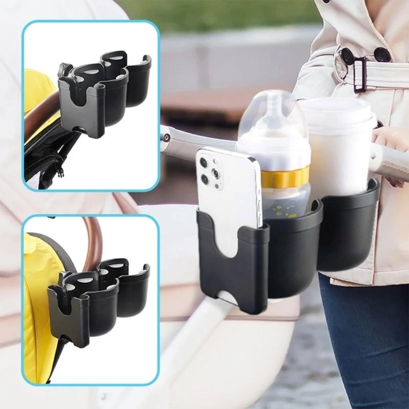 

J15U Pushchair Beverage Holder 360° Rotation Double Bottle Organiser with Cellphone Holder for Stroller Wheelchair Walker