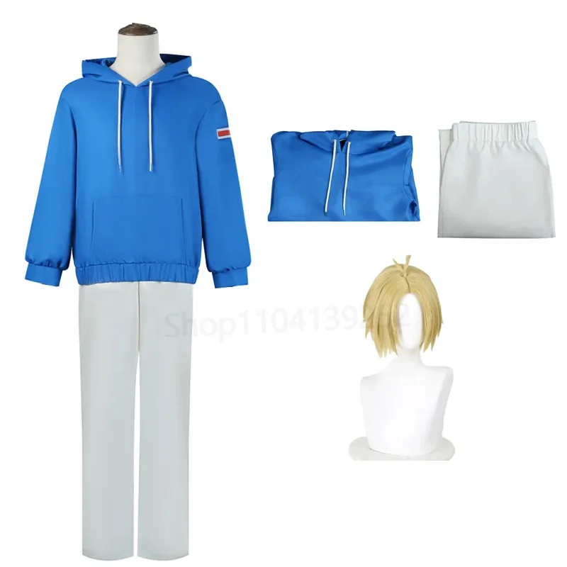 Sakamoto Days Cosplay Shin Asakura Costume Wigs Blue Hoodie White Pants Set Halloween Carnival Unisex Tracksuit Anime Clothes