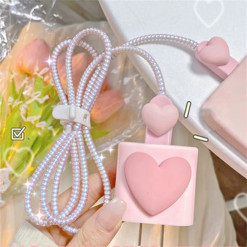 3D Cute Green Love Heart Protector For iphone 11 12 13 14 15 18W-20W Original Charger Protection Cover Spira Data Line Winder