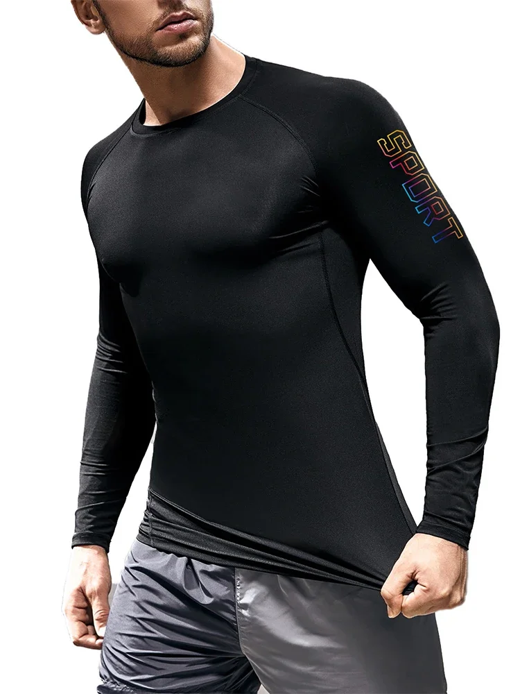 Männer Kompression Langarm Shirt Schwarz Fitness T-shirt Männlich Läuft Schnell Trocknend Gym Top Sonnenschutz Sport Basis Schicht – Detail 4