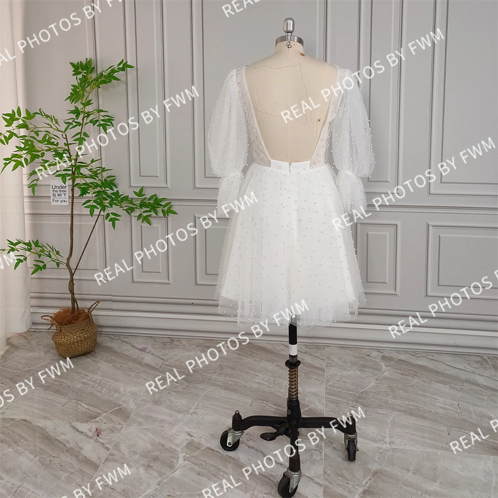 19572# Customzied Simple But Elegant Pearls Tulle Mini Wedding Dress Women Puffy Sleeves Backless Short Bridal Gown For Party