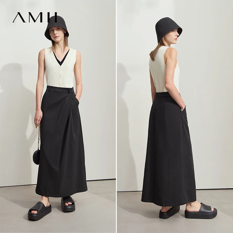 Amii Minimalismus 2025, neue lange Röcke für Frauen, Sommer, Berufung, schwarz, plissiert, elegant, Bürodame, Pendeln, lockerer Rock 12542102