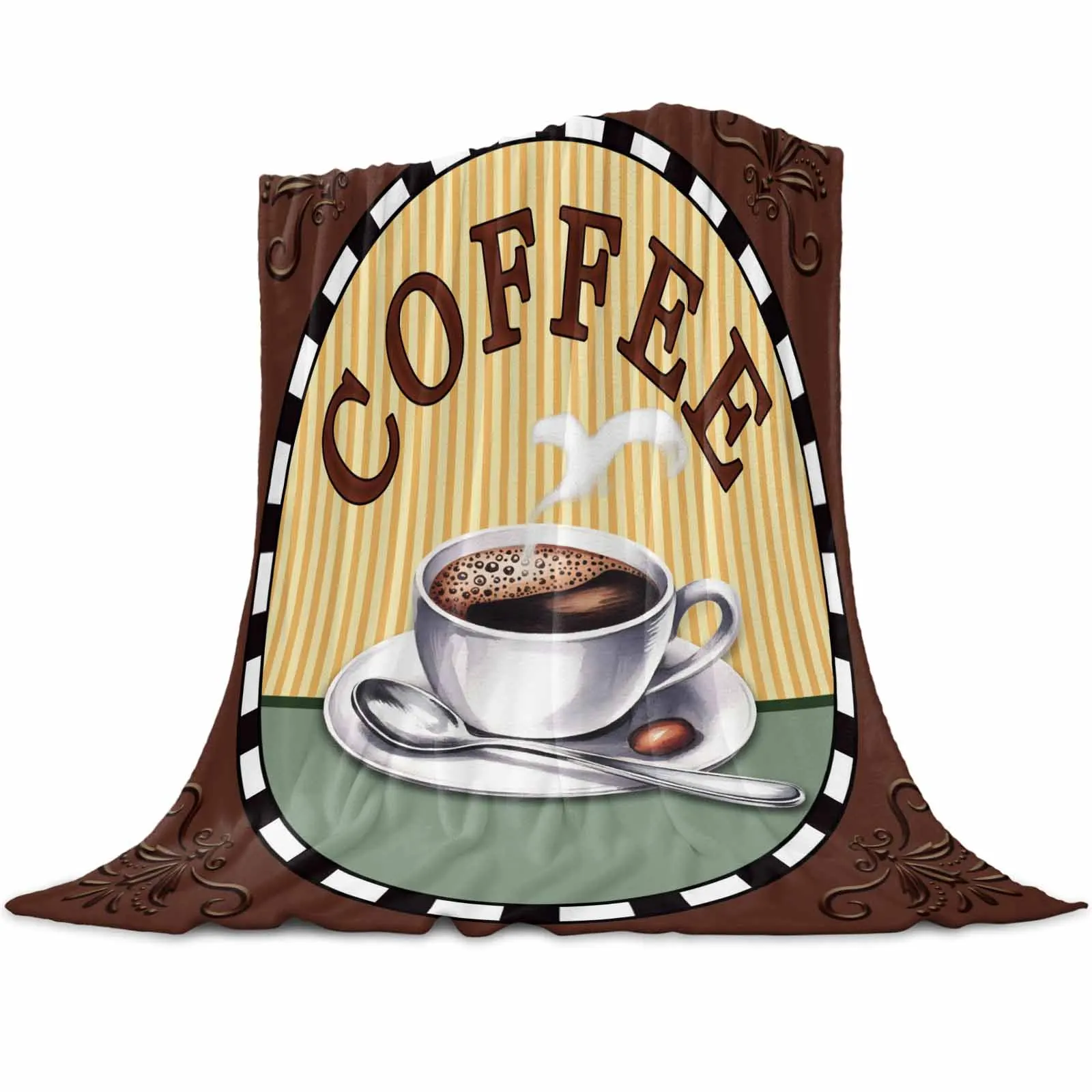 

Retro Coffee Badge Pattern Throws Blankets for Sofa Bed Winter Soft Plush Warm Family Friends Holiday Gifts