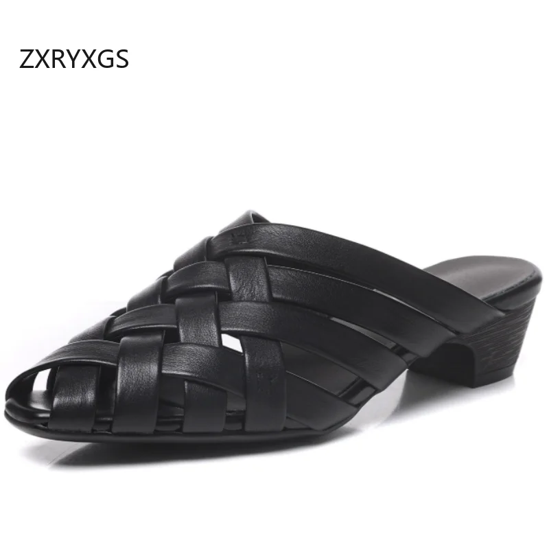 ZXRYXGS Top Cowhide Woven Hollow Small Fish Mouth Slippers 2026 New Summer Modem Slippers Women Mid Heel Outerwear Slippers