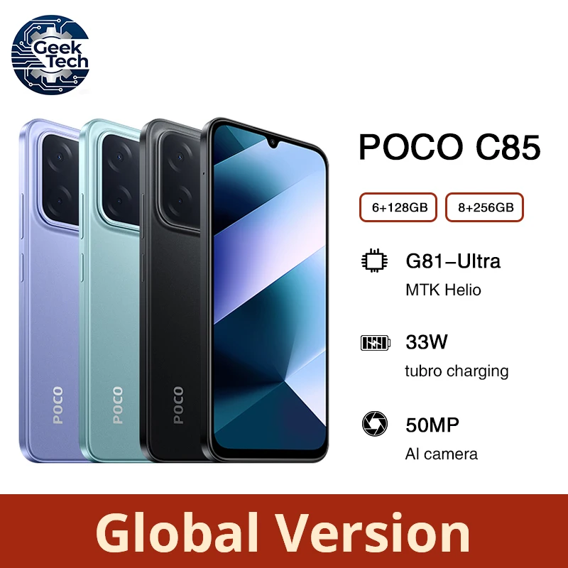 Глобальная версия смартфона Xiaomi POCO C85 8GB+256GB, дисплей 6.9 дюйма 120 Гц, аккумулятор 6000 мАч, камера 50 МП, процессор Helio G81-Ultra