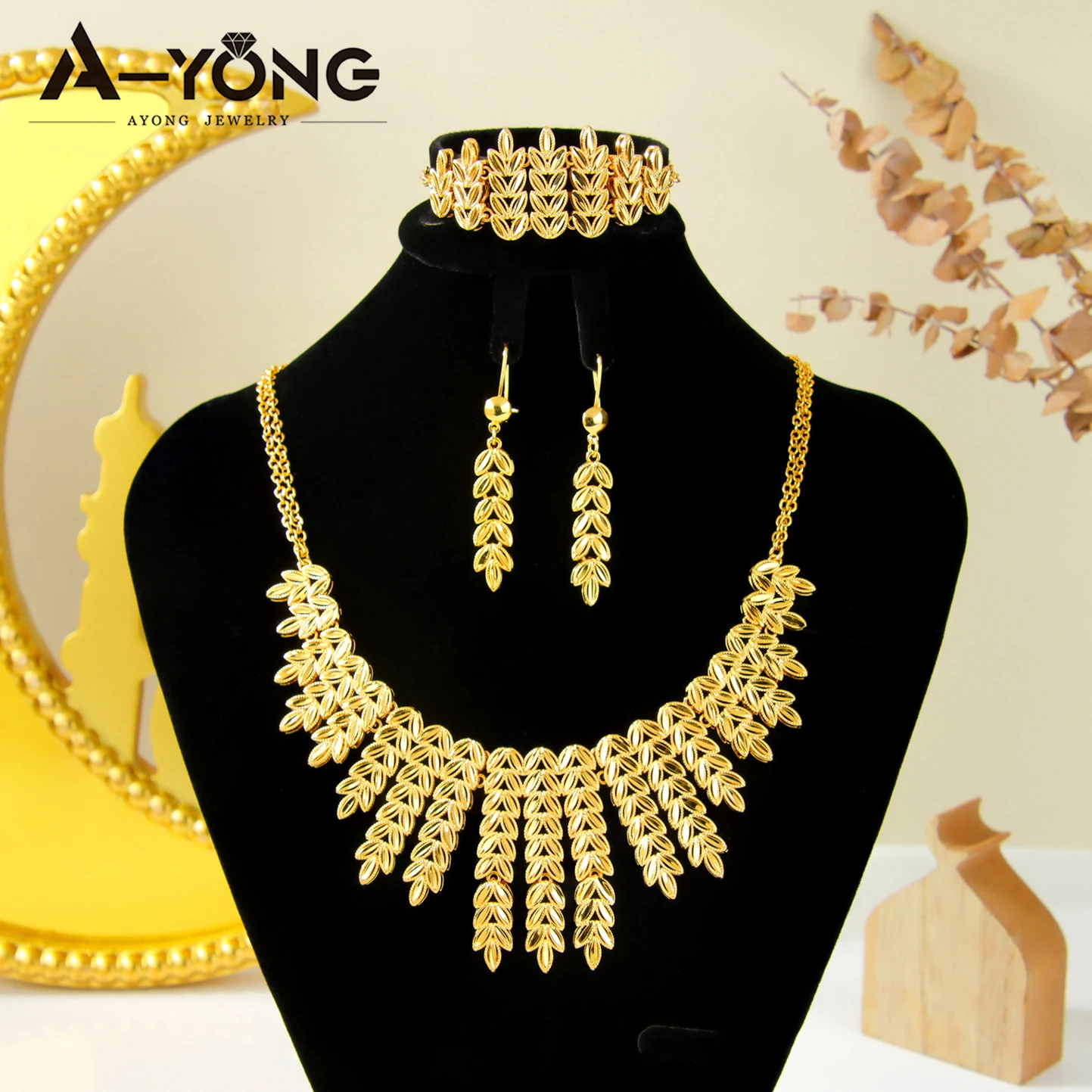 Arabic Muslim Bridal Wedding Jewelry Set 24k Gold Plated Multi Layer Leaf Necklace Bracelet Earrings Nigeria Vintage Jewelrys