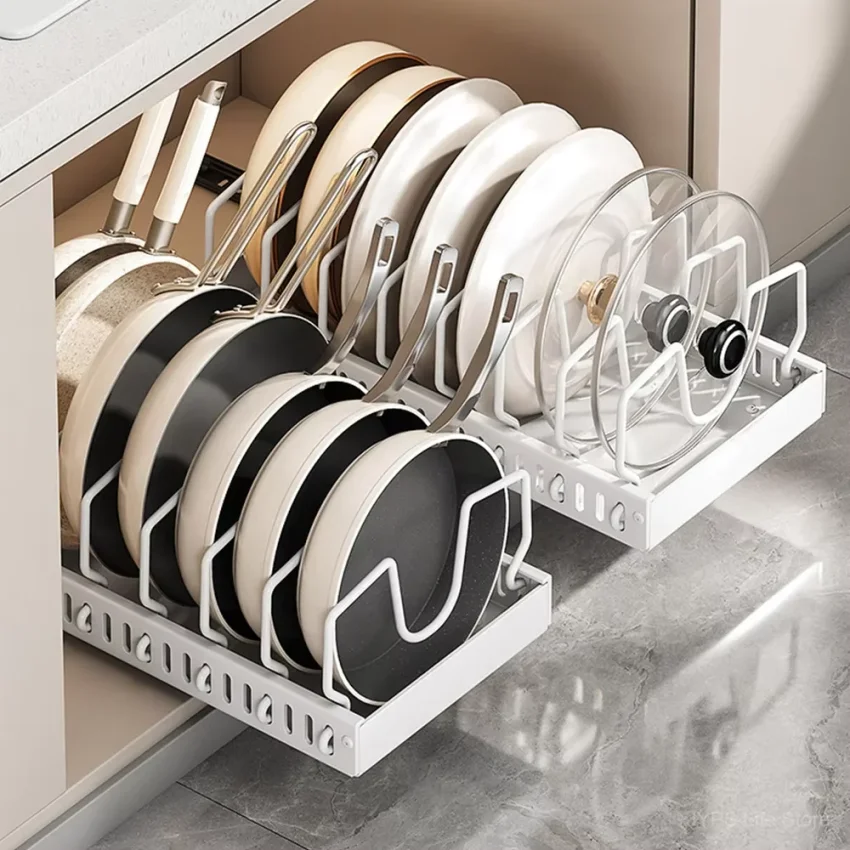 

Pull out Pots and Pans Organizer Sliding Pot Lid Holder Kitchen Spice Rack Tableware Organizer Multifunctional Dish Drying Racks