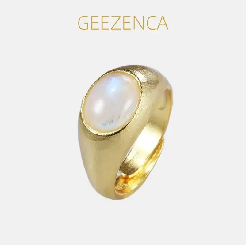 

GEEZENCA 925 Sterling Silver Dome Solitaire Moon Stone Adjustable Open Ring Women Simple Trendy Stack Statement Rings Party Gift