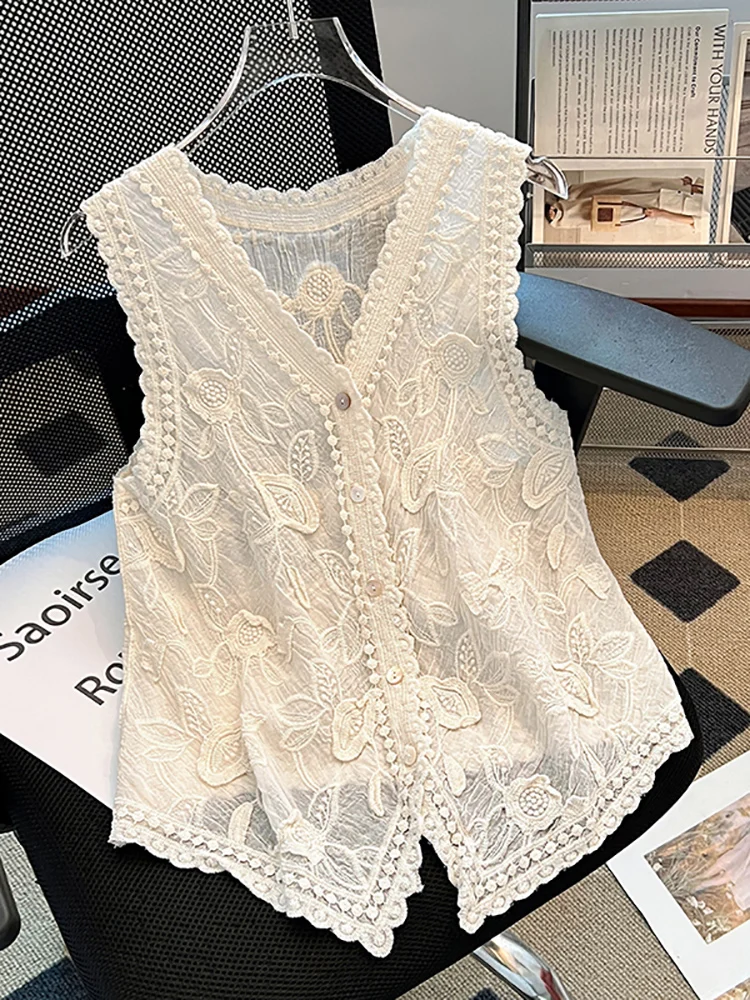

Ele Embroidered Thin Vest Women's Summer New Sle National Trend Outerwear Top Brand Bule Design Sense Cotton Polyeste...