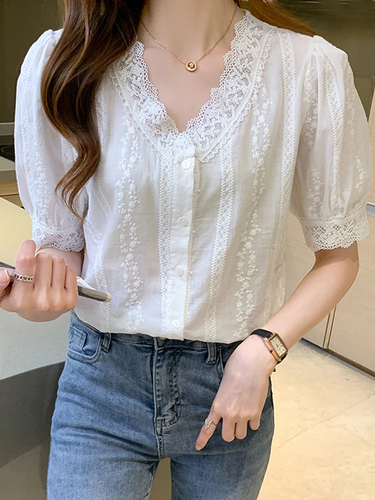 Summer Short Sleeve White Blouse Women Lace V-Neck Blouse Shirt Blusas Mujer De Moda 2024 Verano Women Tops Blouses Shirts F452