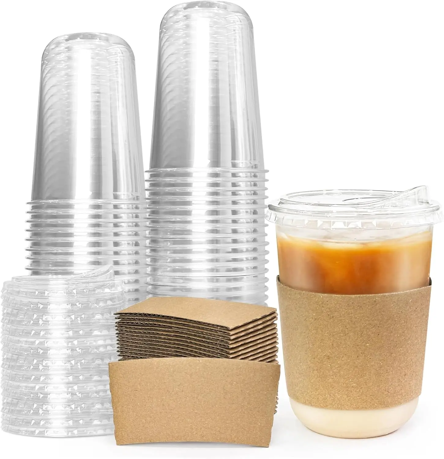 

50 Sets To Go Coffee Cups With Lids, Plastic To Go Cups With Lids And CupSleeve Round Bottom PlasticCups WithLids Dispos