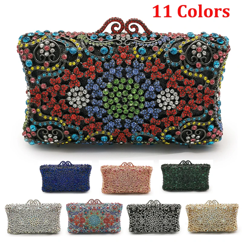 

Gold Metal 11 Colors Flower Evening Rhinetone Bag For Wedding Diamond Purse Luxury Lady Women Crystal Dinner Clutch Minaudiere