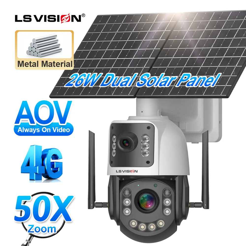 LS VISION 20W Outdoor Solar 4MP Dual Lens 50X Zoom CCTV Network Camera Waterproof Battery & 24/7 PTZ AOV Solar 4G PTZ Camera