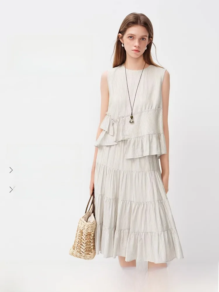 

Spring 2026 New Asymmetrical Design Striped Svel irt Women's Faion Set with Lace Hem Top And Bot Ensemble