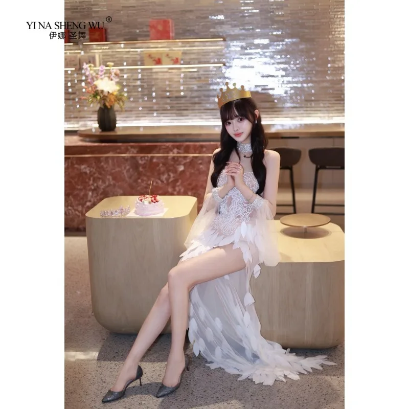 Sparkly rhinestone White Plastic Feather Shape Split Dress Trailing Sexy mesh see Transparent Birthday party Celebrate show