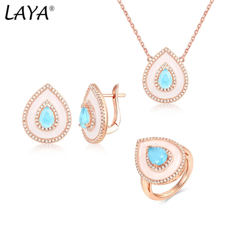 

Laya Silver Ring Earrings Necklace Sets For Women 925 Sterling Silver Retro Style Zircon Natural Blue Fashion Stone Fine Jewelry