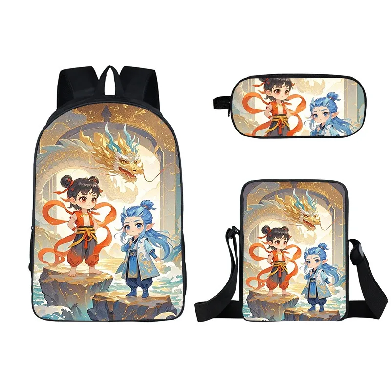 

Kids Ne Zha School Backpack 3Pcs Set,Student Casual Daypack Lightweight Bookbag with Shoulder Bag and Pencil Box