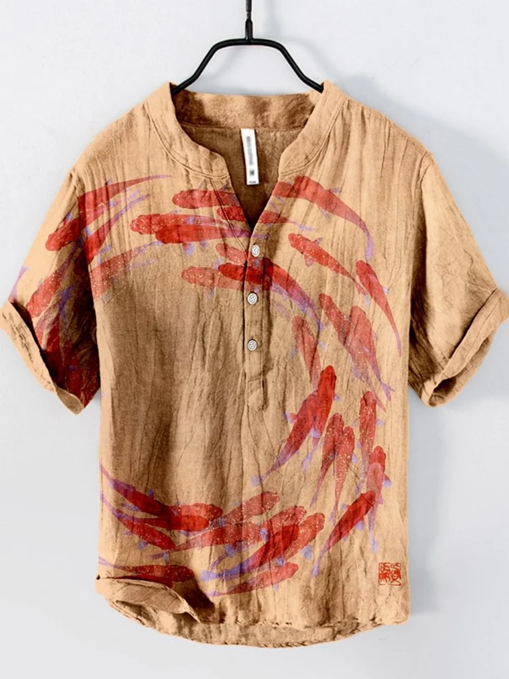 

Summer men's short sleeved pullover, Japanese retro art print 3-button V-neck linen shirt, daily casual vacation men's top