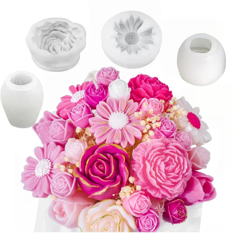 4Flower Candle Mold Set，Used for candle making，Daisy、Peony、Rose、Tulip flower mold，Suitable for soap、Wax、Epoxy resin cast gift fo