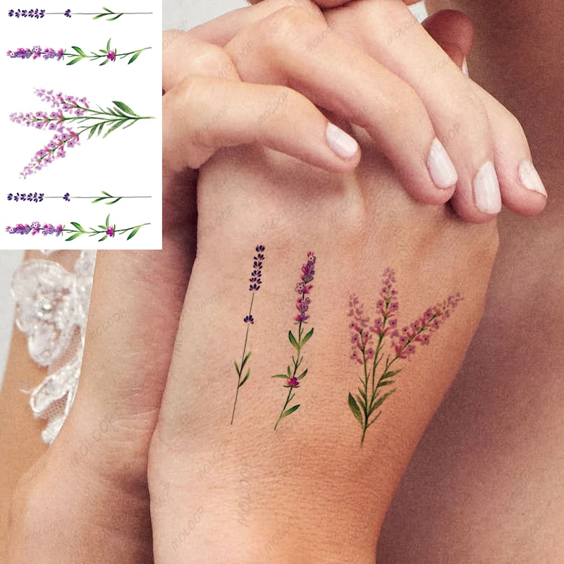 Tattoo Sticker Lavender Purple Flower Lovely Plant Temporary Fake Tattoos for Women Men Waterproof Makeup Body Art