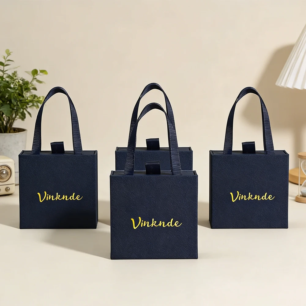

Custom Logo Drawer Jewelry Packaging Box Navy Lychee Pattern Paper Gift Boxes Sliding Ring Necklace Earrings Case with Handle