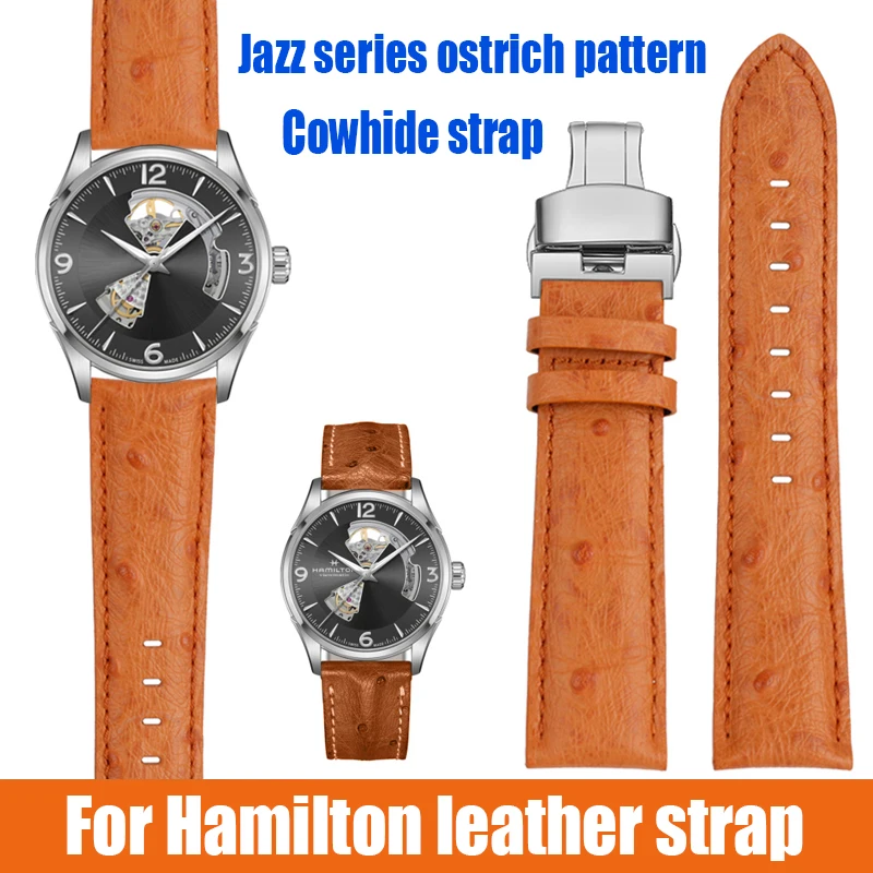 For Hamilton Ostrich Pattern Cowhide Watch Strap H32705581 Jazz Khaki Aviation Field Series Men\'s Genuine Leather Bracelet 20mm