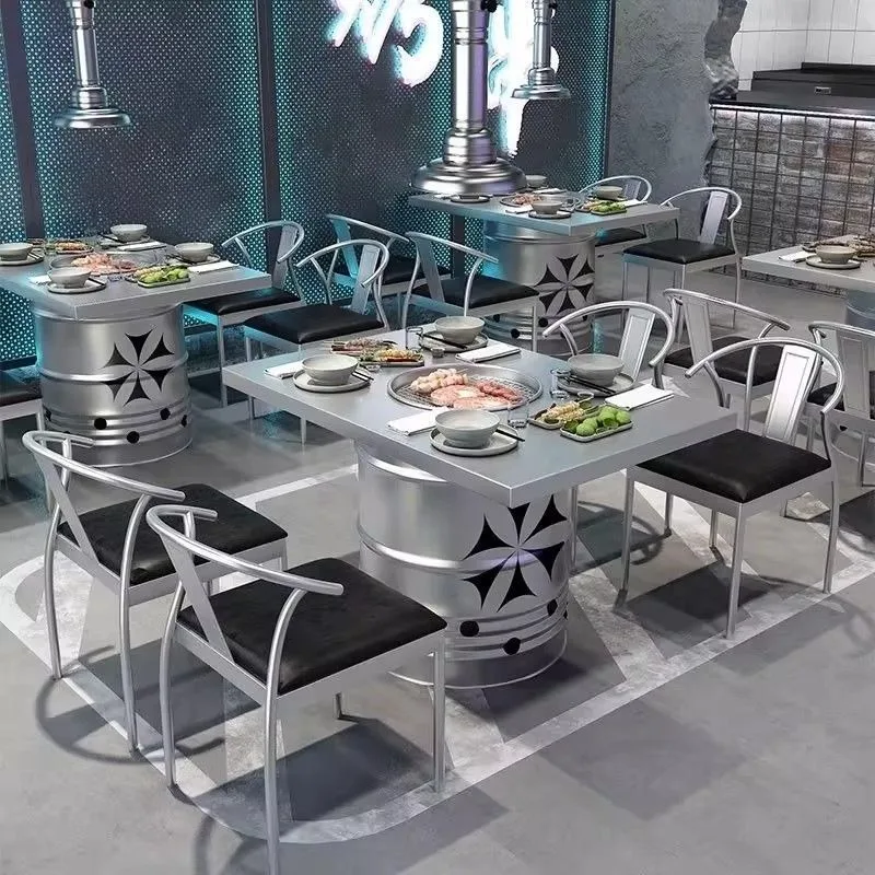 

Stainless steel Korean barbecue industrial oil drum, hot pot tables and chairs, commercial smoke-free integration